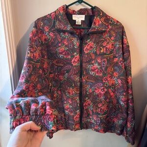 Casual Corner Pink Red Floral Paisley Print Silk Bomber Women’s Large